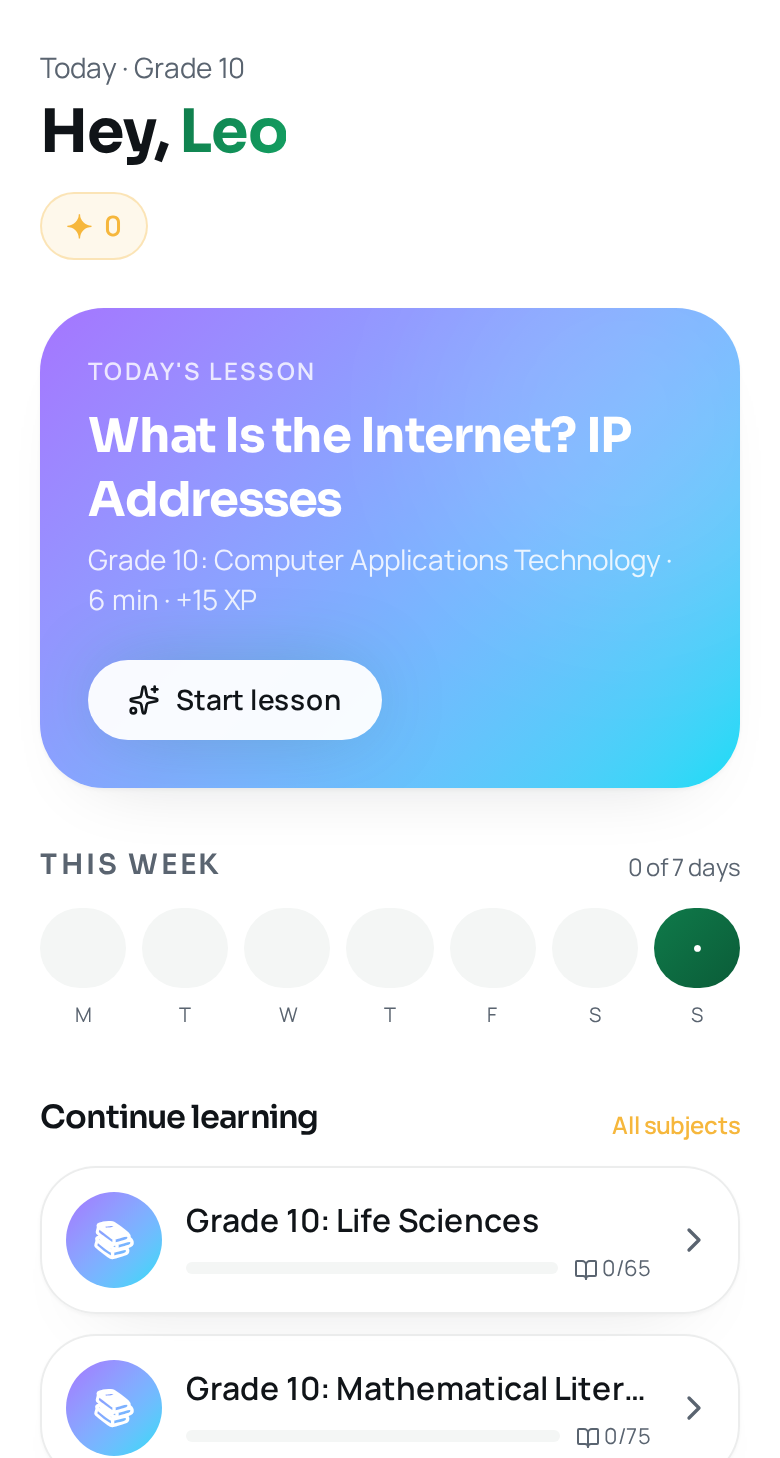 A real screenshot of the myLHSonline app showing the personalised Today screen with today's lesson, a weekly tracker and the student's subjects.